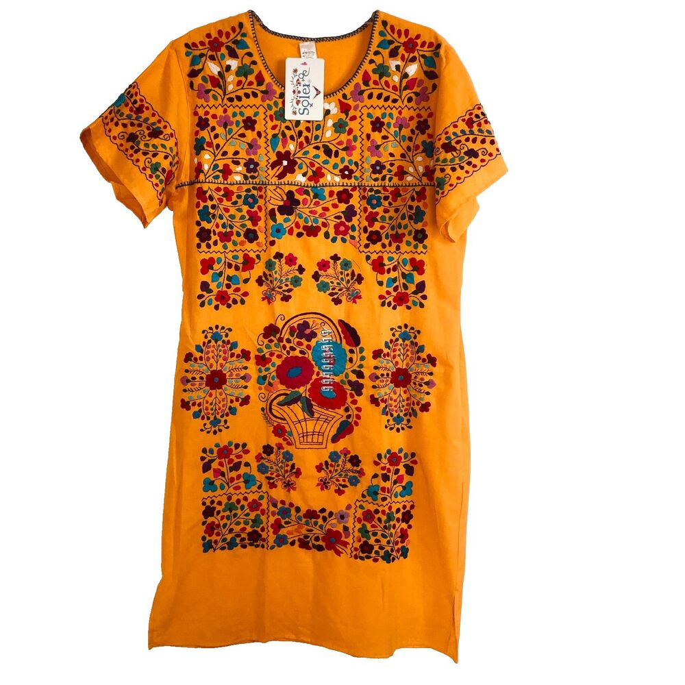 Solei Mustard Yellow Floral Embroidered Puebla Dress Size L